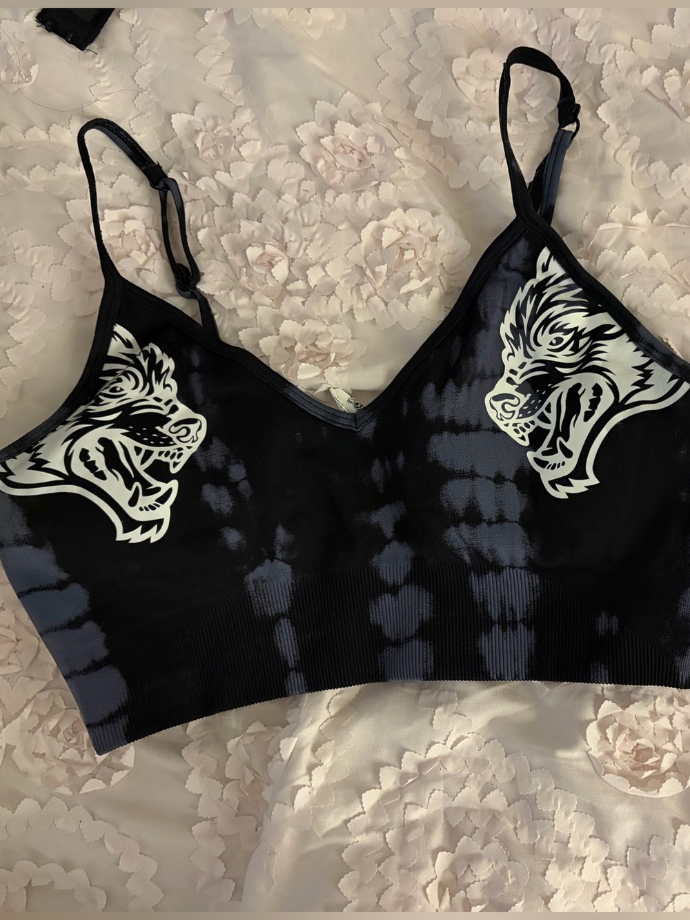 Darc Sport Black and White Tie-Dye Wolf Print Bralette